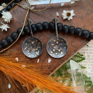 Designer Artisan 18k Gold Diamond Oxidized Sterling Silver Disc Dangle Earrings